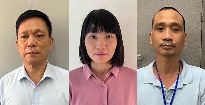 Các bị can Nguyễn Quang Ngữ, Nguyễn Thị Tươi, Phạm Thế Tài. Nguồn: Bộ Công an.