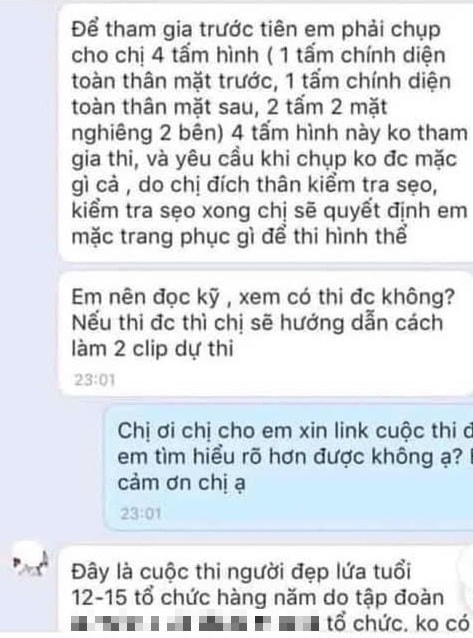 Tin nhắn dụ dỗ nữ sinh quay clip nhạy cảm để tham gia cuộc thi sắc đẹp lứa tuổi từ 12 đến 15 tuổi và được nhận trà sữa miễn phí.