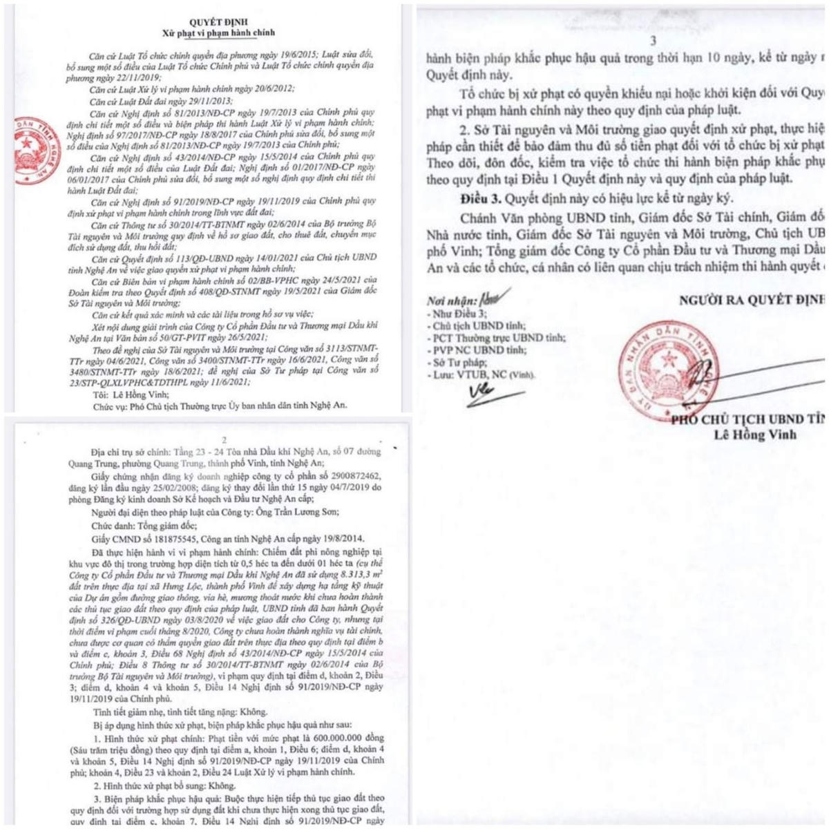 Quyết định xử phạt của UBND tỉnh Nghệ An về hành vi chiếm đất nông nghiệp trong khu vực đô thị của PVIT tại dự án Hưng Lộc.