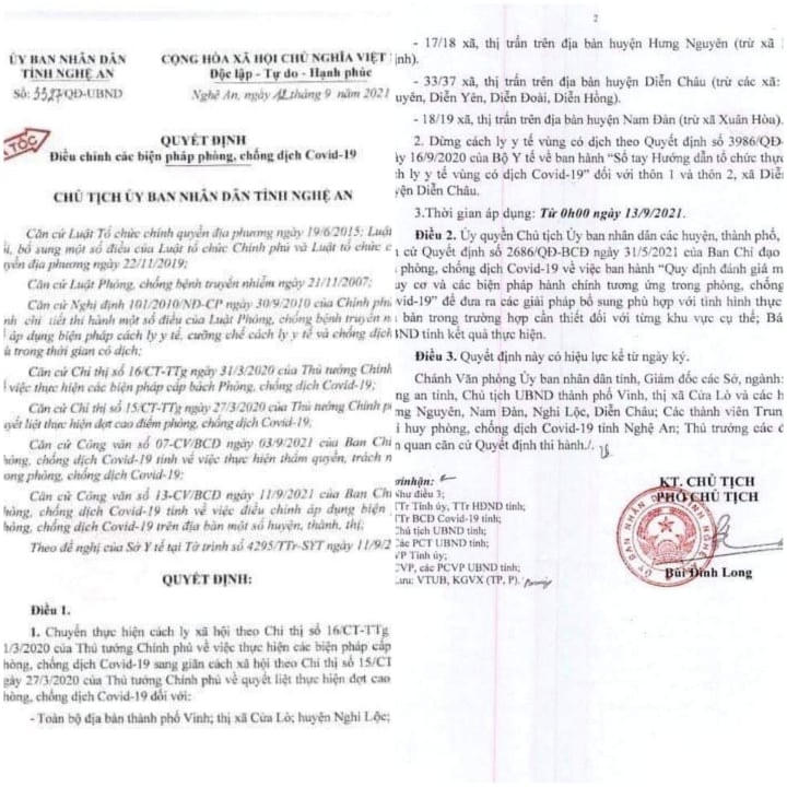 UBND tỉnh Nghệ An quyết định thực hiện chuyển cách ly xã hội từ Chỉ thị 16 sang Chỉ thị 15 trên địa bàn TP Vinh và 1 số địa phương từ 0h ngày 13/9/2021.