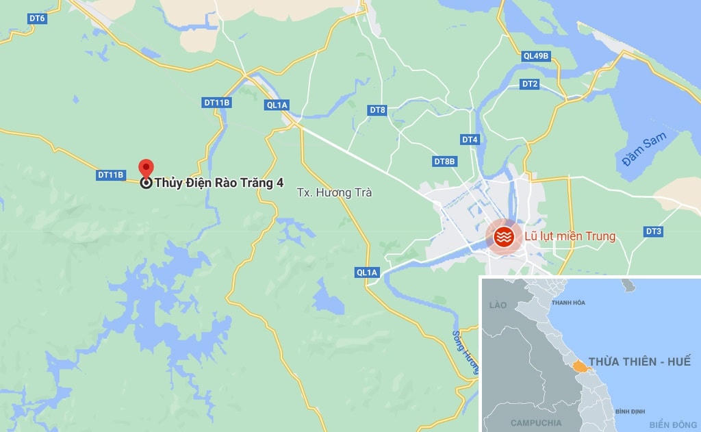 Thủy điện Rào Trăng 4 cách công trường thủy điện Rào Trăng 3 khoảng 10 km. Ảnh: Google Maps.