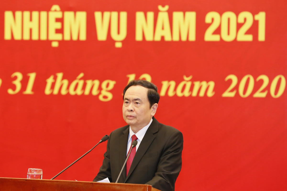 Chủ tịch UBTƯ MTTQ Việt Nam Trần Thanh Mẫn phát biểu tại Hội nghị. Ảnh: Quang Vinh.