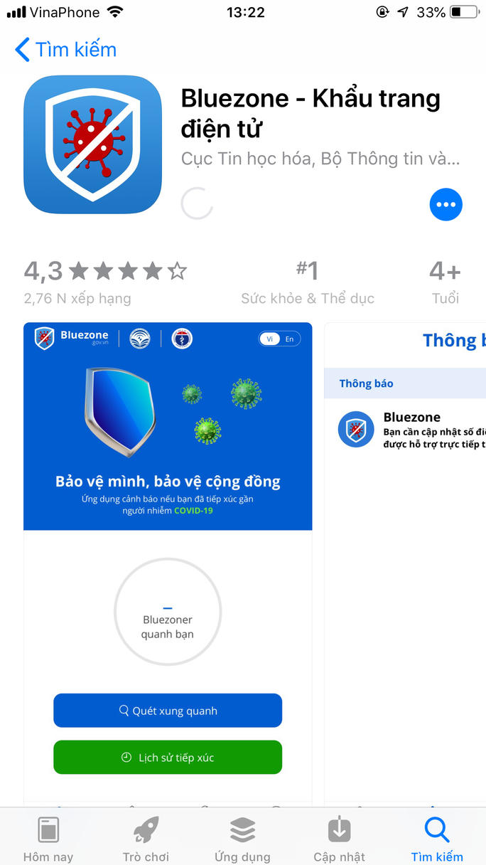 Người dân dễ dàng tìm kiếm ứng dụng Bluezone trong kho ứng dụng của điện thoại thông minh.