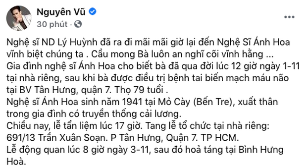 Ca sĩ Nguyên Vũ gửi lời xót thương đến cố nghệ sĩ Ánh Hoa. (Nguồn: FBNV)