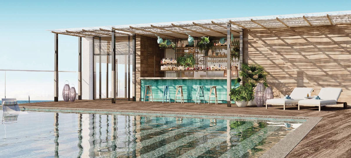 Hình ảnh bể bơi và quầy bar tòa Ruby với màu xanh lá chủ đạo tạo sự trẻ trung và tràn đầynăng lượng (tòa Ruby).