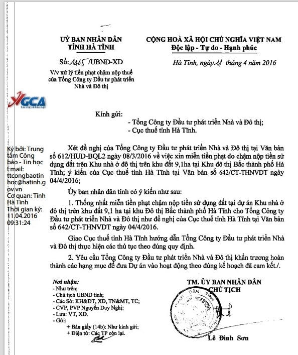 Văn bản ông Lê Đình Sơn ký "miễn tiền nộp chậm tiền sử dụng đất tại Khu đô thị Bắc thành phố Hà Tĩnh".
