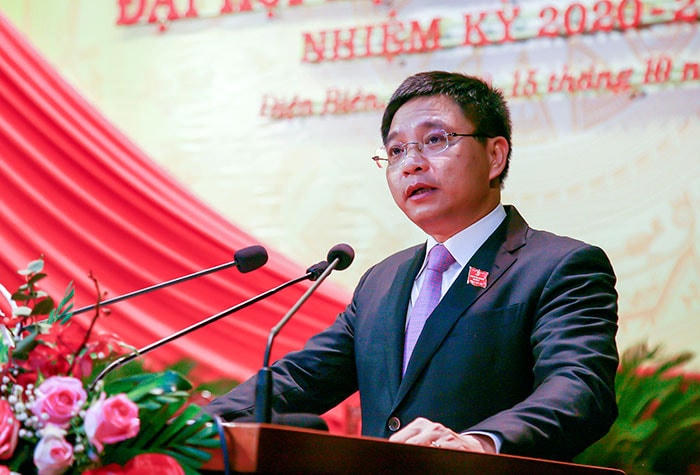 Bí thư Tỉnh ủy Điện Biên Nguyễn Văn Thắng phát biểu nhận nhiệm vụ tại Đại hội.    