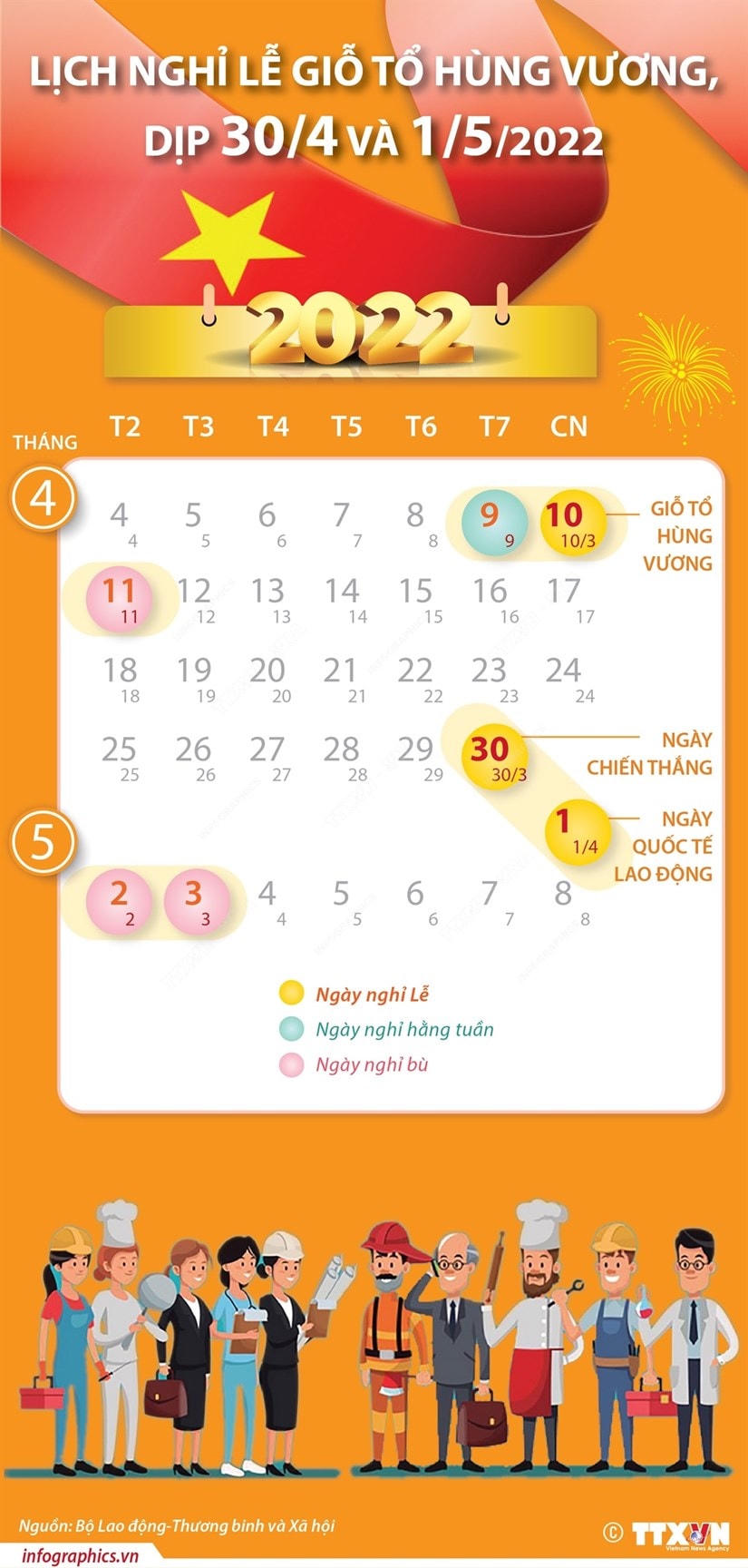 [Infographics] Lịch nghỉ lễ Giỗ Tổ Hùng Vương, dịp 30-4 và 1-5