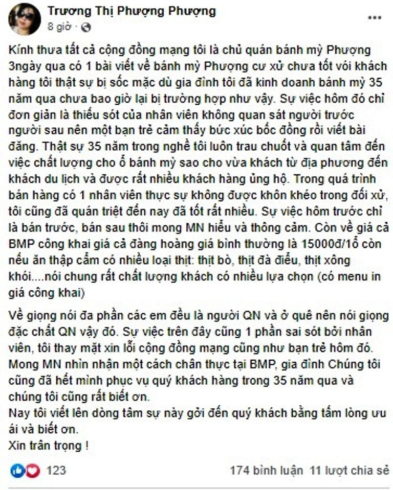 Bà Phượng đăng tải trên MXH xin lỗi vì sự cố xảy ra.