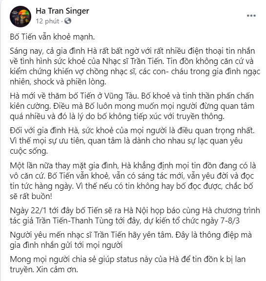 Thông tin mới nhất được cập nhật trên FB của ca sĩ Trần Thu Hà