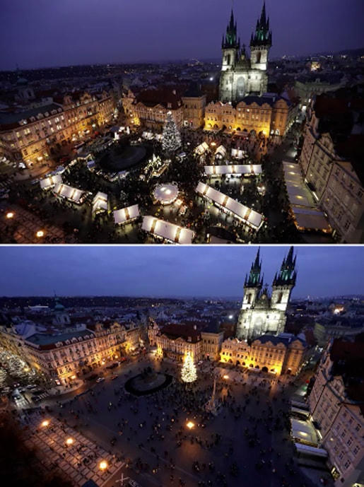 Chợ Giáng sinh truyền thống tại Quảng trường Phố Cổ ở Prague, Cộng hòa Séc trước và sau đại dịch Covid-19.