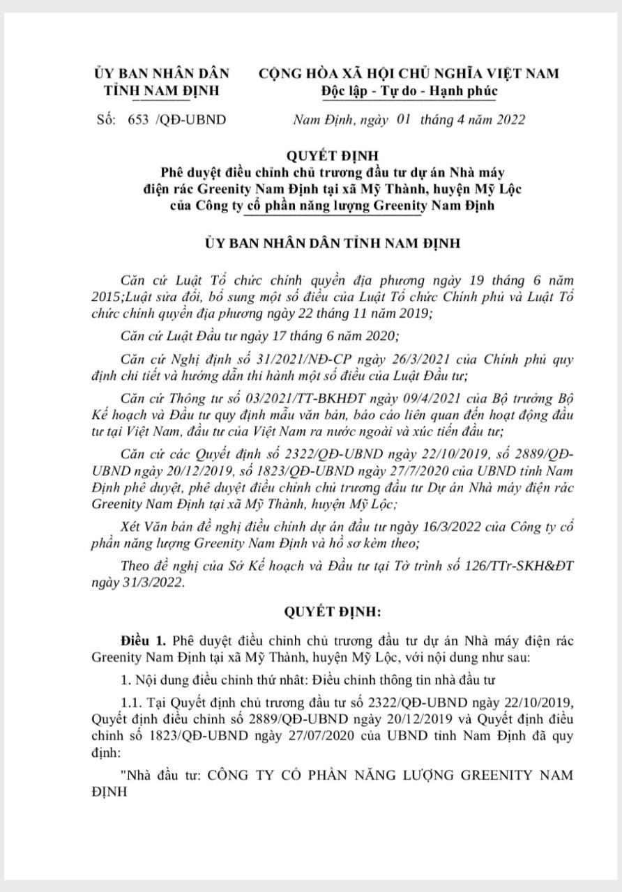 Văn bản quyết định phê duyệt điều chỉnh chủ trương đầu tư của UBND tỉnh Nam Định.