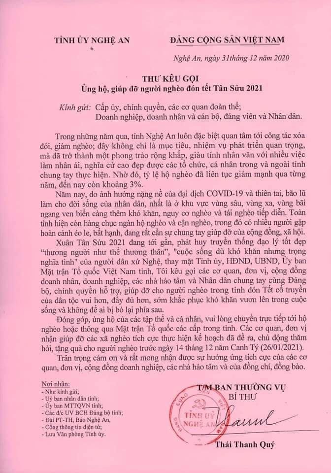 Thư kêu gọi của Bí thư Tỉnh ủy Nghệ An cho chương trình Tết vì người nghèo - Tân Sửu 2021