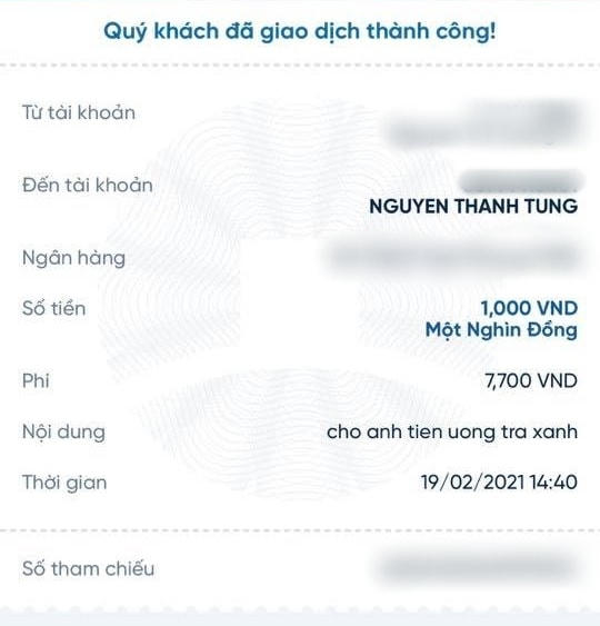 Fan chuyển tiền mừng cho Sơn Tùng uống 'trà xanh'. Nguồn: Facebook.