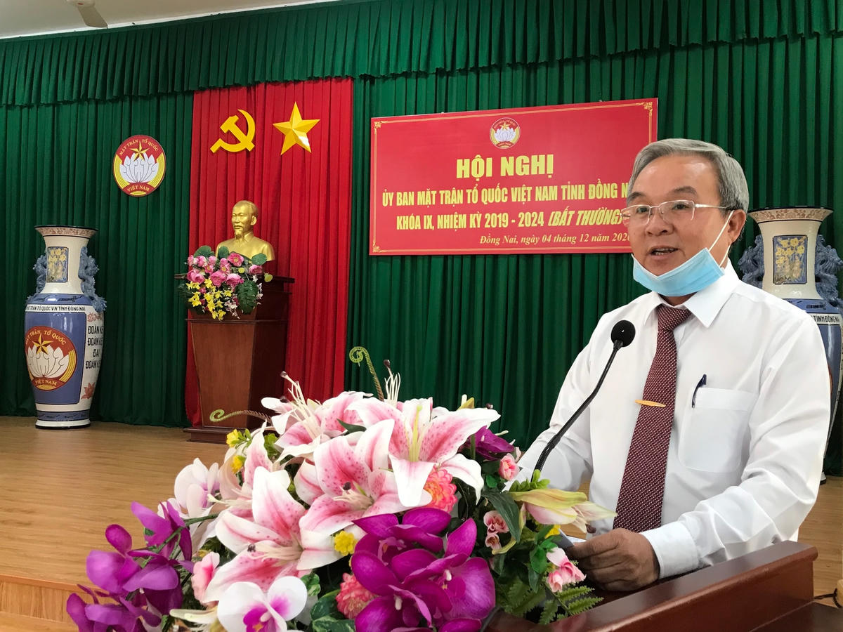 Tân Chủ tịch Ủy ban MTTQ Việt Nam tỉnh Đồng Nai Cao Văn Quang phát biểu tại hội nghị.