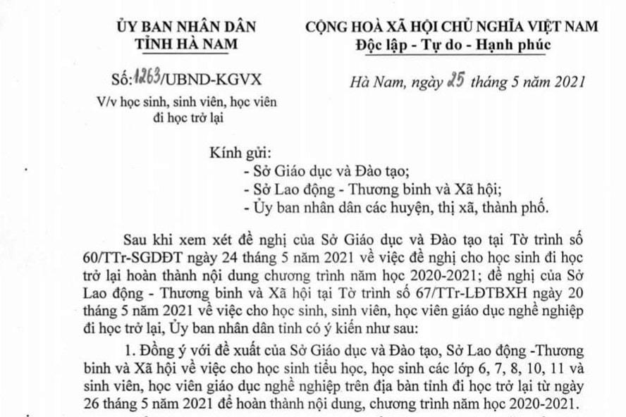 Công văn của UBND tỉnh Hà Nam.