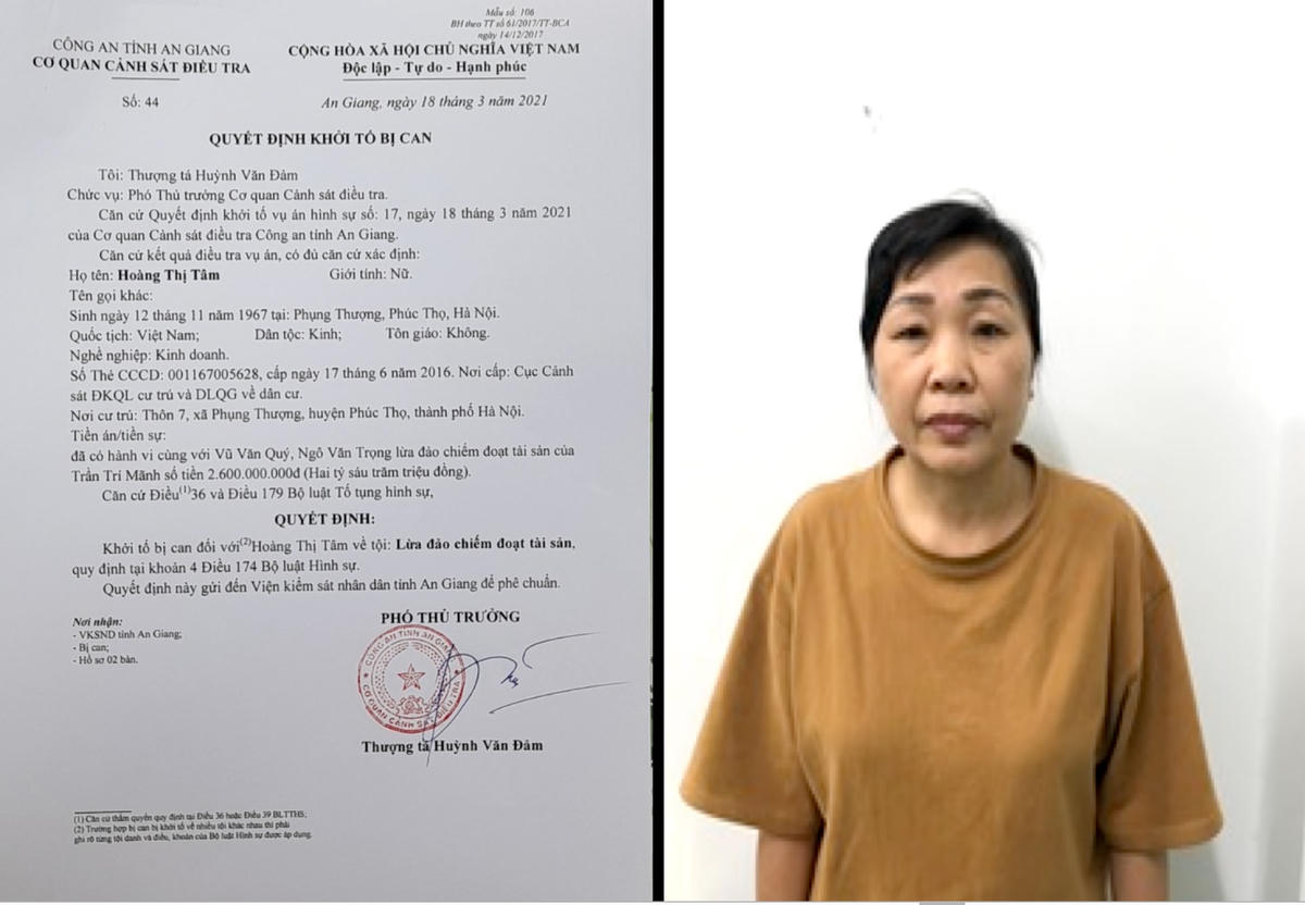 Quyết định khởi tố đối tượng Hoàng Thị Tâm.