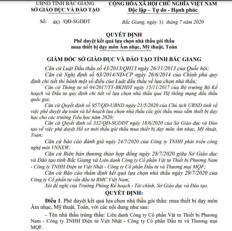 Quyết định lựa chọn Công ty cổ phần Đầu tư và Thương mại MQF cùng liên danh trúng gói thầu 15 tỷ đồng tại Sở GD&ĐT tỉnh Bắc Giang.