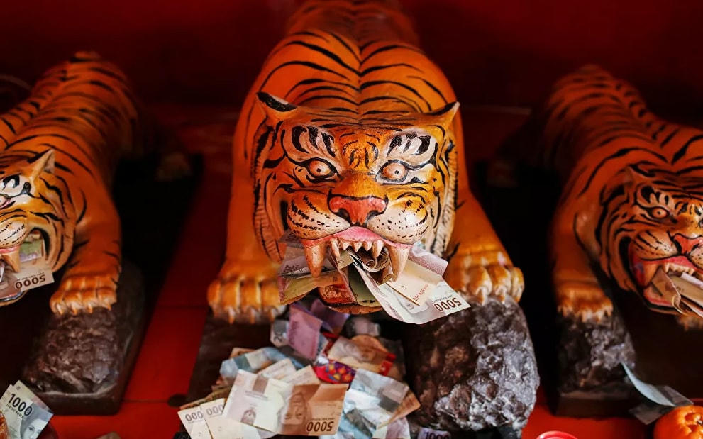 Tiền cầu may được đặt lên tượng Hổ tại chùa Dharma Bhakti, Jakarta, Indonesia.