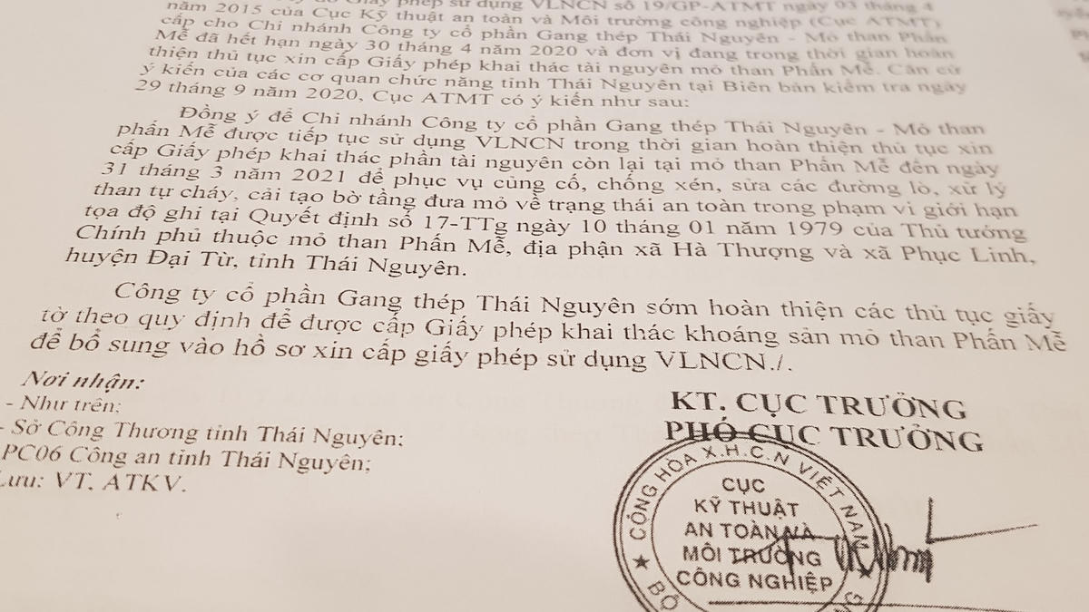 Văn bản gửi Công ty CP Gang thép Thái Nguyên. Ảnh: Nam Anh
