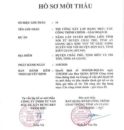 HSMT của Ban QLDA ĐTXD công trình giao thông tỉnh An Giang bị nhà thầu phản ánh vi phạm Luật Đấu thầu (Ảnh nhà thầu cung cấp)