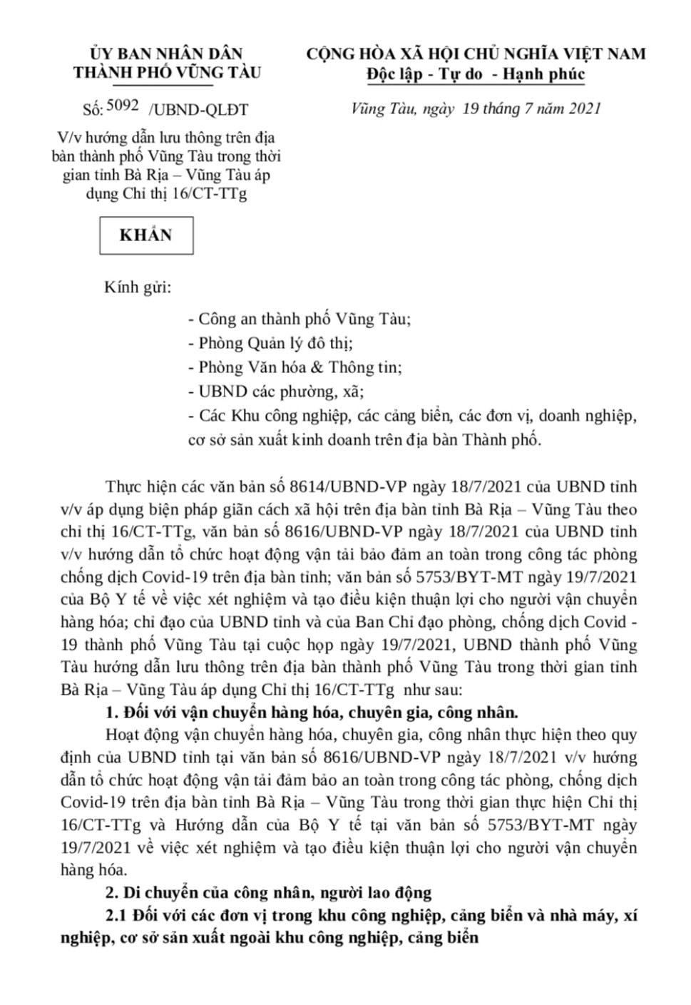 Văn bản hướng dẫn người dân lưu thông trên địa bàn Thành phố.