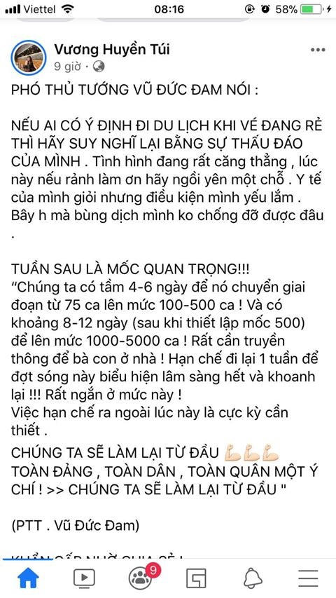 Nội dung bà H. đăng trên facebook cá nhân. Ảnh CTV.