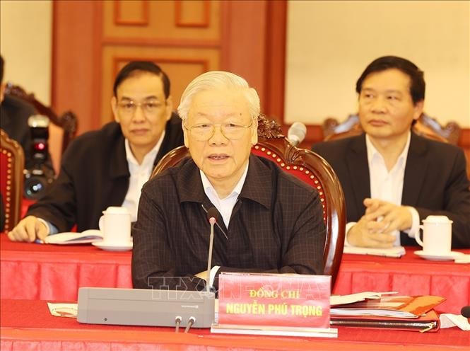 Tổng Bí thư Nguyễn Phú Trọng phát biểu kết luận buổi họp.  Ảnh: TTXVN