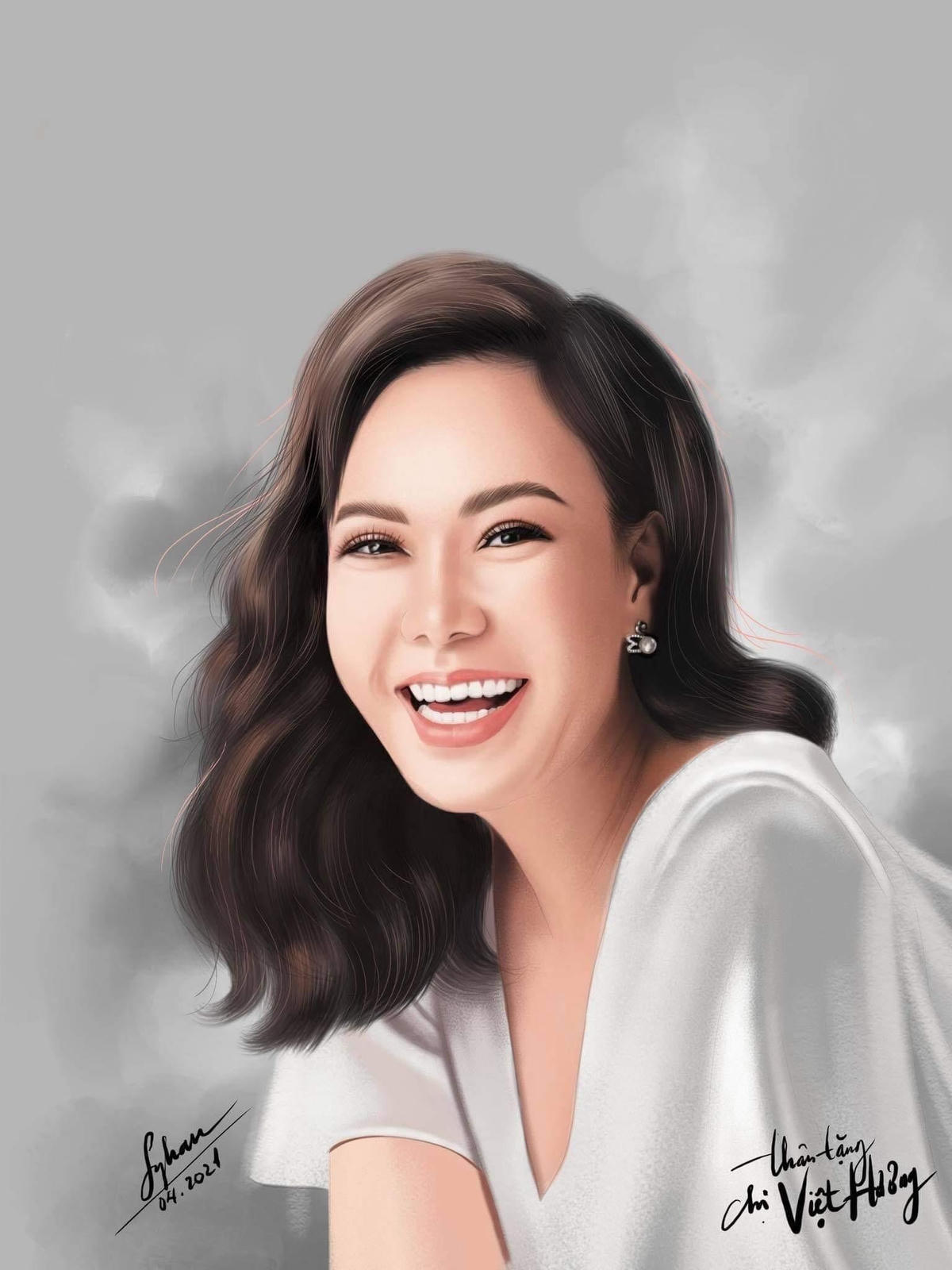 Nghệ sĩ Việt Hương vô cùng hài lòng và cảm ơn một người em đã vẽ tặng chị bức tranh ưng ý: “Đúng tâm trạng! Dù trời có mây đen buồn lắm nhưng dòng đời phải bước tiếp... Cám ơn em đã vẽ tặng chị”.
