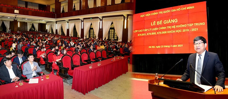 Ban Tổ chức Trung ương yêu cầu, việc đào tạo cao cấp lý luận chính trị sẽ thực hiện theo nguyên tắc: tăng đào tạo hệ tập trung, giảm đào tạo hệ không tập trung. Ảnh: Bế giảng các lớp Cao cấp lý luận chính trị hệ không tập trung K70.B01, K70.B05, K70.B08 (khóa học 2019-2021).