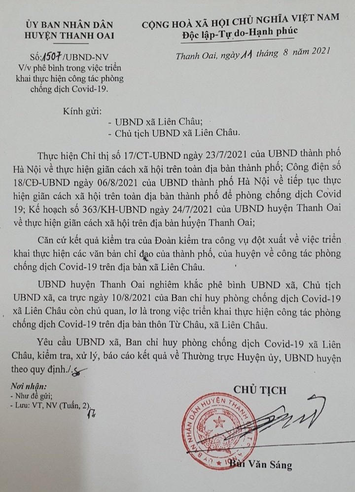 UBND huyện Thanh Oai đã có văn bản phê bình xã Liên Châu vì chủ quan, lơ là trong công tác phòng chống dịch.