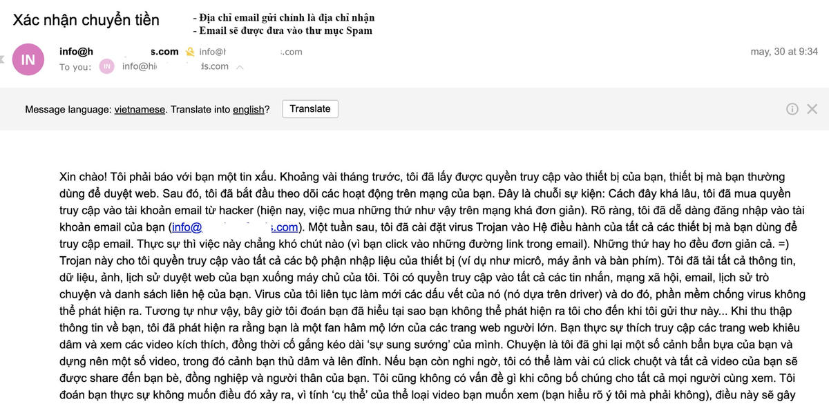Nội dung email kẻ xấu gửi cho một nạn nhân. Ảnh: Công an cung cấp.