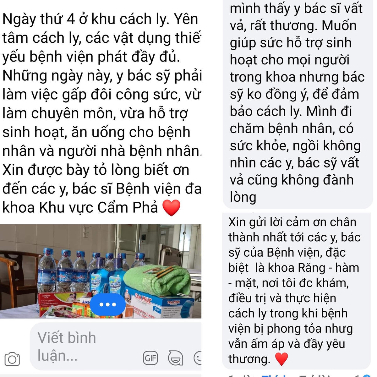 Trên trang Facebook của Bệnh viện đa khoa Khu vực Cẩm Phả có rất nhiều bình luận đong đầy yêu thương dành cho tập thể cán bộ y tế, nhân viên của Bệnh viện.