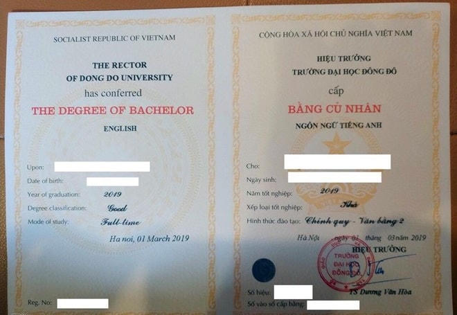Mẫu bằng trường Dại học Đông Đô cấp cho các học viên học văn bằng 2 tiếng Anh.