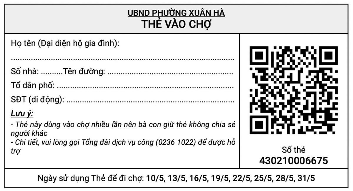 Thẻ đi chợ QR Code, tích hợp đầy đủ thông tin cá nhân của hộ gia đình và người đi chợ.