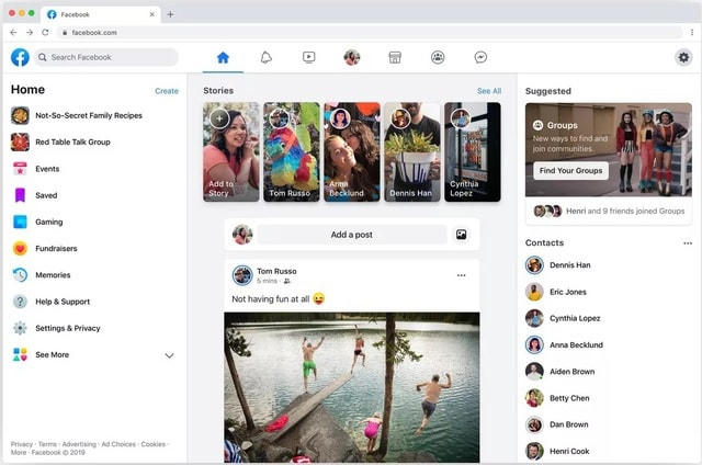 Giao diện mới của Facebook trên web, với thanh công cụ tích hợp các phím chức năng ở trên.