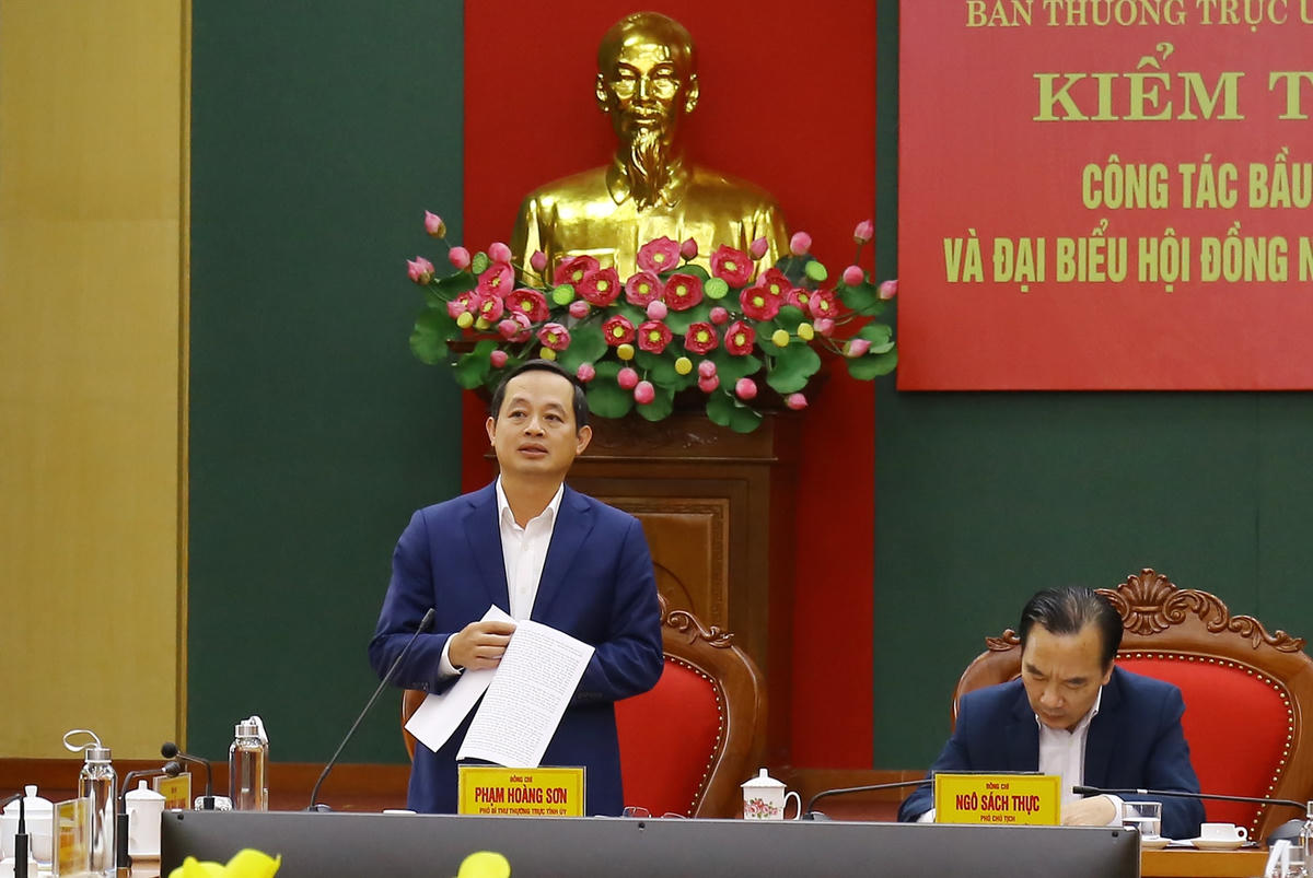 Ông Phạm Hoàng Sơn, Phó Bí thư Thường trực Tỉnh ủy, Chủ tịch HĐND tỉnh, Phó Trưởng Ban Chỉ đạo, Chủ tịch Ủy ban bầu cử tỉnh phát biểu tại buổi kiểm tra. 