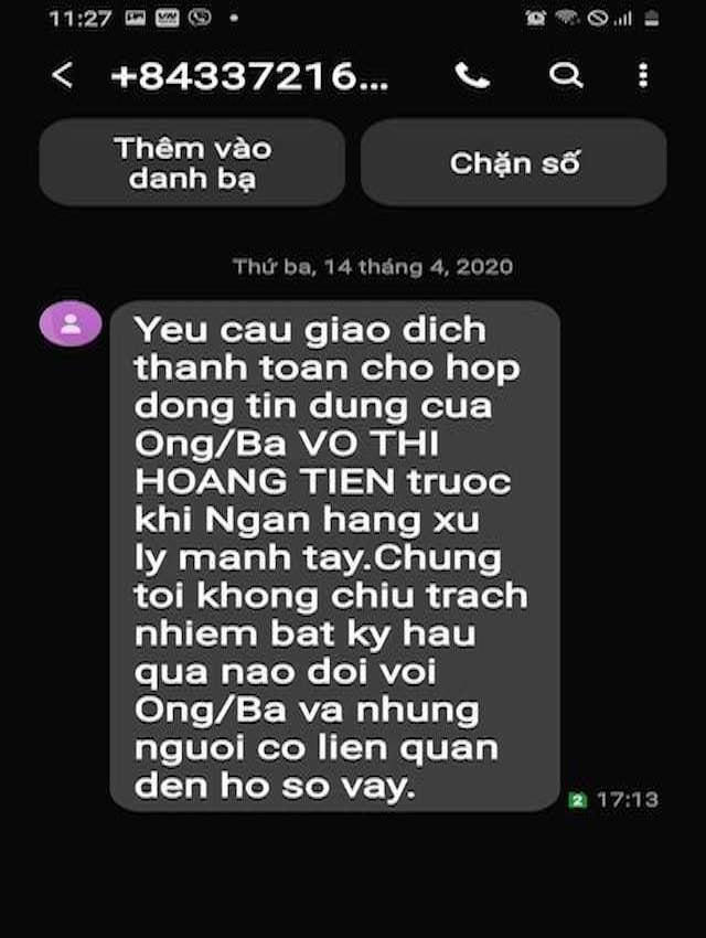 Nhắn tin đòi nợ của công ty tài chính.