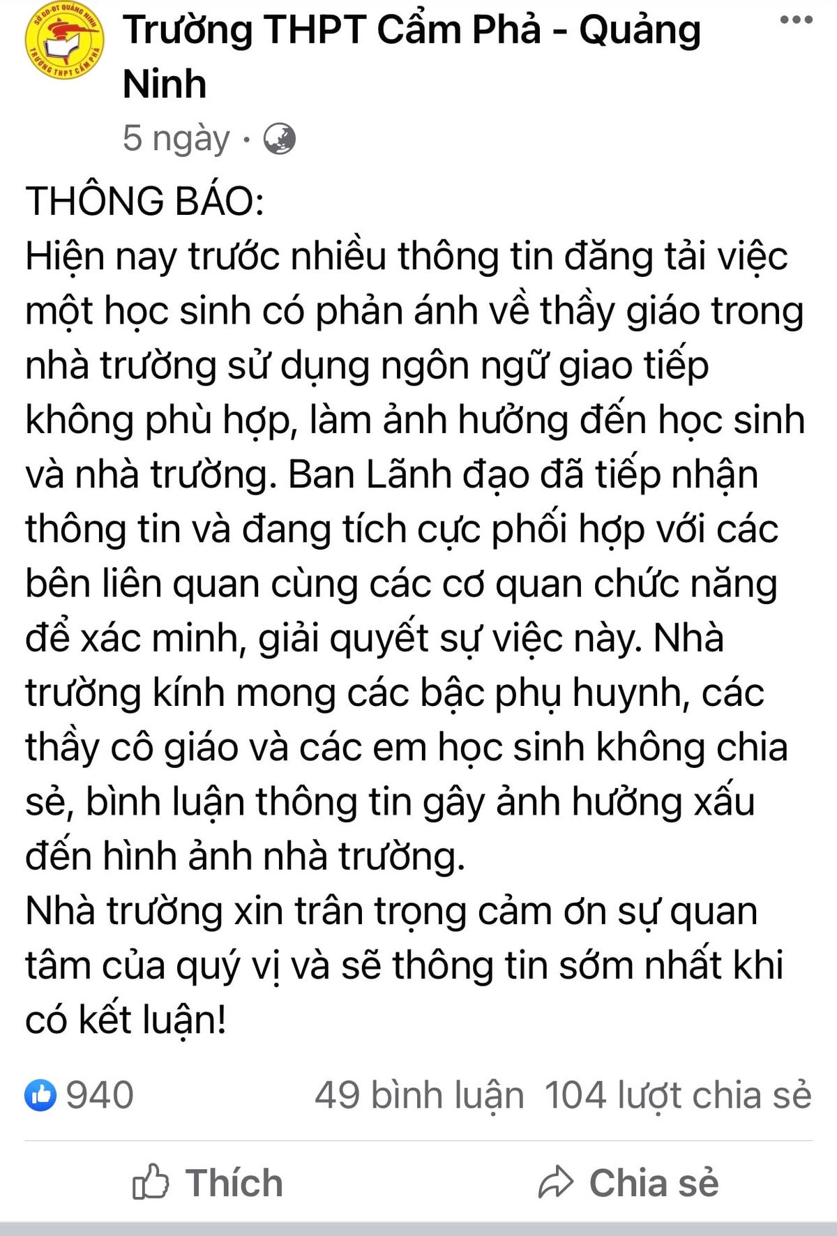 Nội dung Trường THPT Cẩm Phả trả lời trên Facebook của nhà trường.