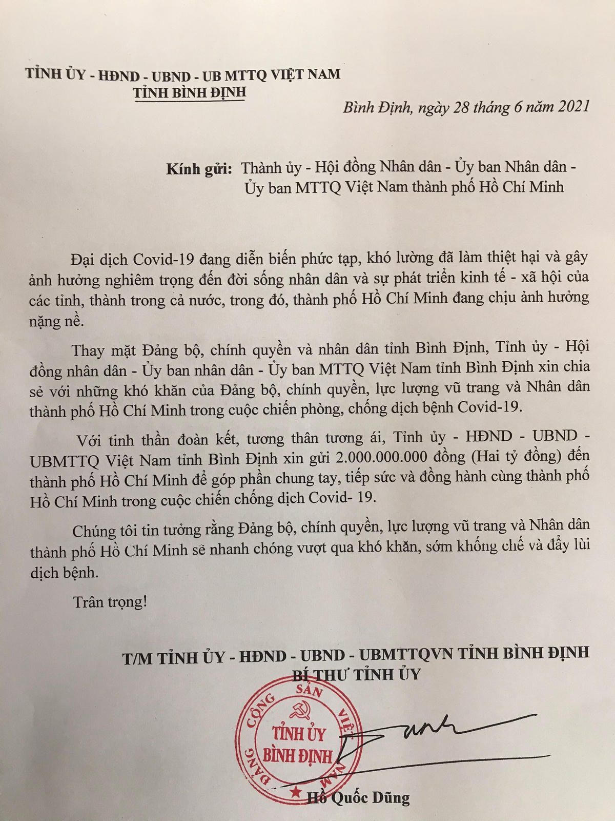 Bí thư Tinh ủy Bình Định, gửi thư thăm hỏi nhân TP Hồ Chí Minh.