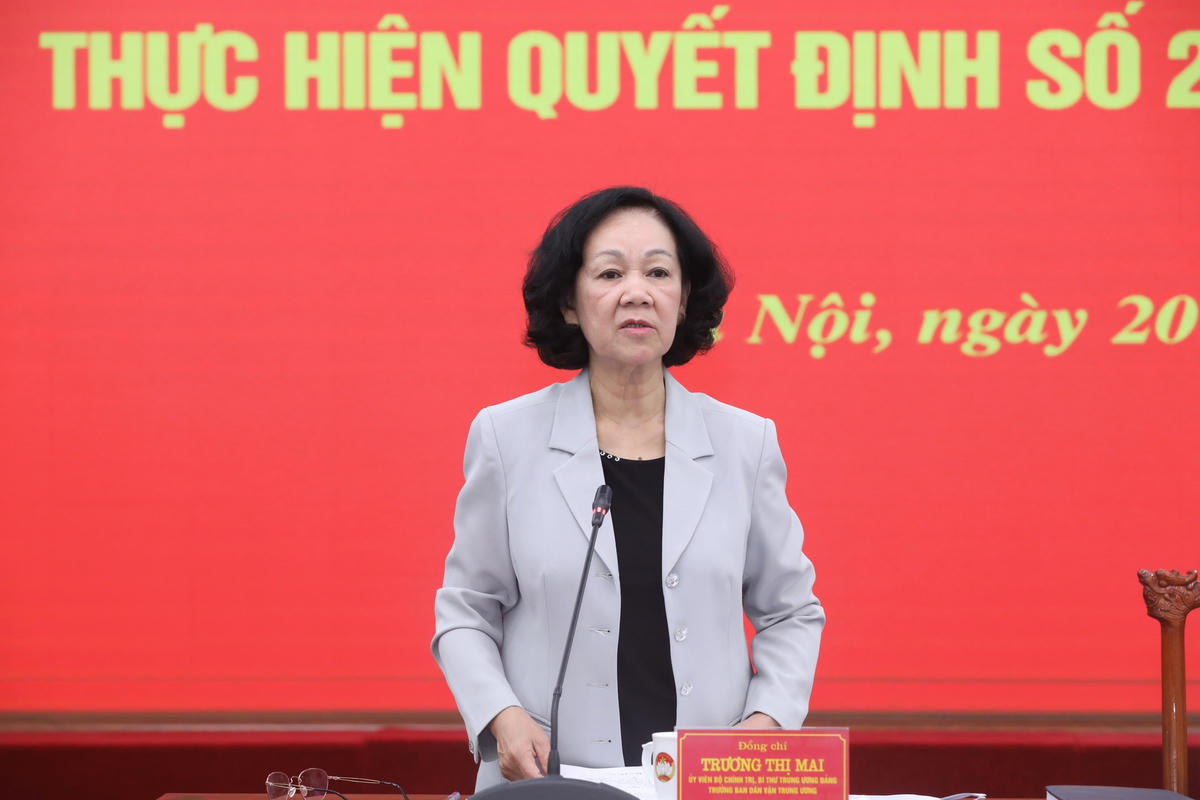Trưởng ban Dân vận Trung ương Trương  Thị Mai phát biểu tại hội nghị. Ảnh Quang Vinh.