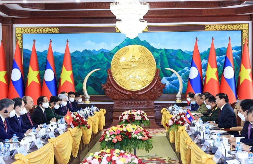 Chủ tịch nước Cộng hòa Xã hội chủ nghĩa Việt Nam Nguyễn Xuân Phúc hội đàm với Tổng Bí thư, Chủ tịch nước Lào Thongloun Sisoulith. (Ảnh: Thống Nhất/TTXVN).