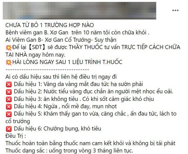 Một bài quảng cáo thuốc nam chữa khỏi hoàn toàn viêm gan B và xơ gan trên Facebook.  