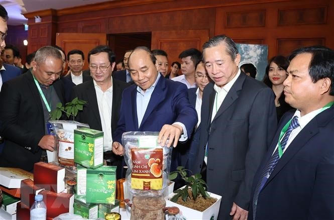 Thủ tướng Nguyễn Xuân Phúc thăm các gian hàng trưng bày sản phẩm tại diễn đàn. (Ảnh: Thống Nhất/TTXVN).