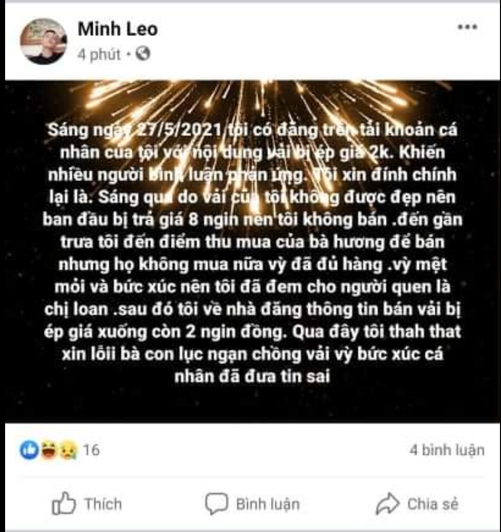 Chủ tài khoản FB Minh Leo đính chính thông tin vải thiều bị ép giá 2000 đồng/kg.