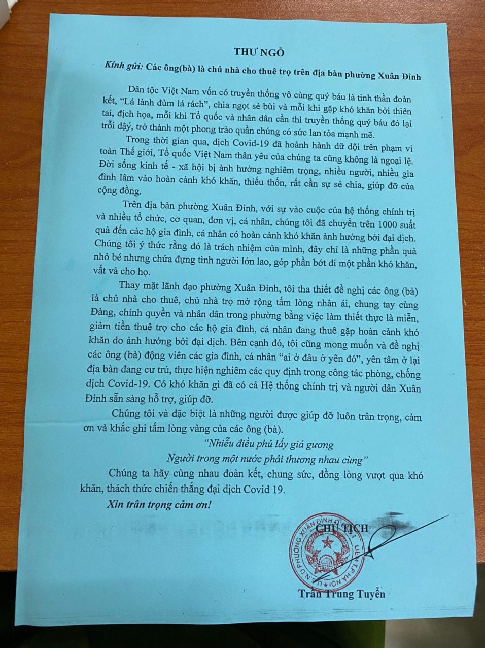 Thư ngỏ của Chủ tịch UBND phường Xuân Đỉnh.