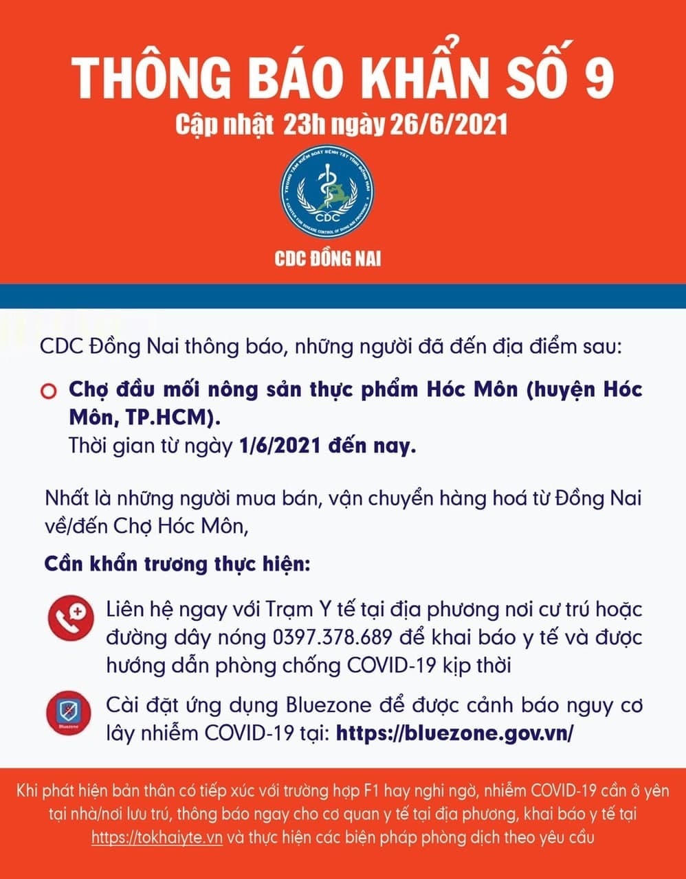 Thông báo của CDC Đồng Nai.