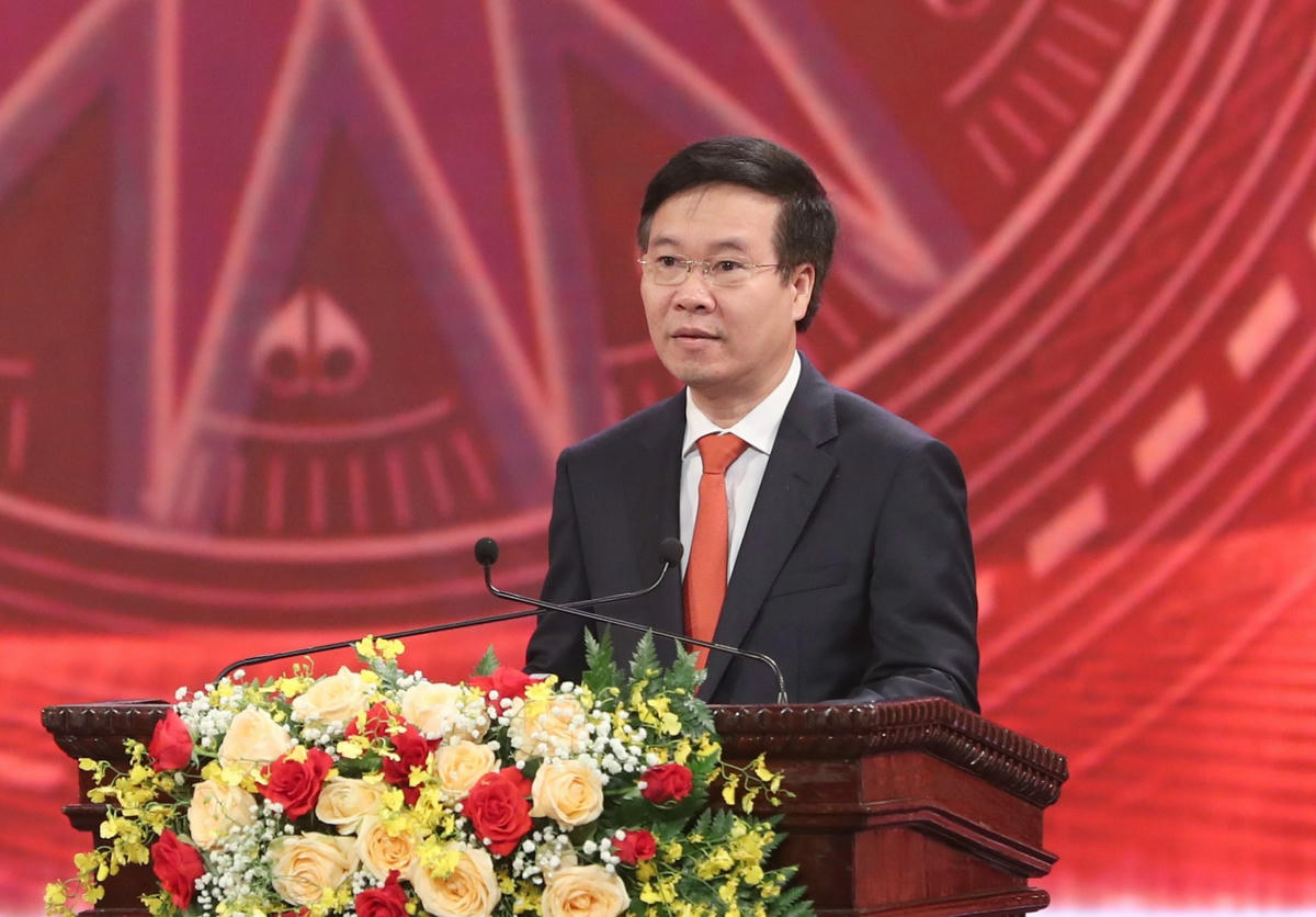 Ủy viên Bộ Chính trị, Thường trực Ban Bí thư Võ Văn Thưởng phát biểu tại Lễ trao giải. (Ảnh: Quang Vinh).