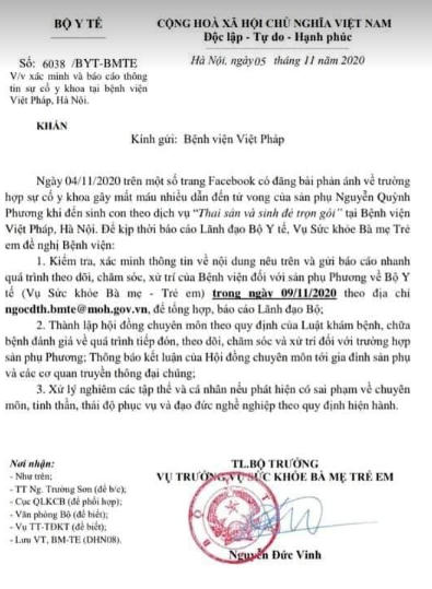 Vụ Sức khỏe Bà mẹ Trẻ em đề nghị phía BV Việt - Pháp kiểm tra, xác minh thông tin và gửi báo cáo nhanh về Bộ Y tế trong ngày 9/11/2020.