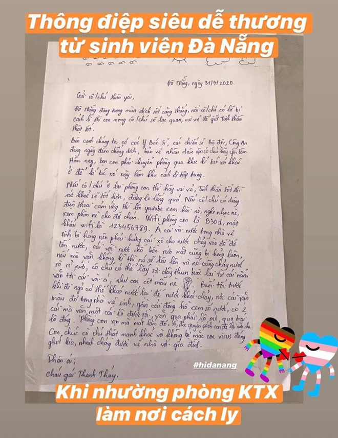 Lá thư Thanh Thúy gửi lại cho người tới cách ly tập trung. Ảnh: Hi Đà Nẵng.